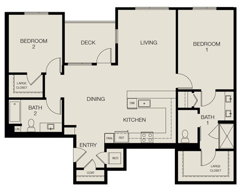 Floor plan for 2 beds, 2 baths, 1265 sqft